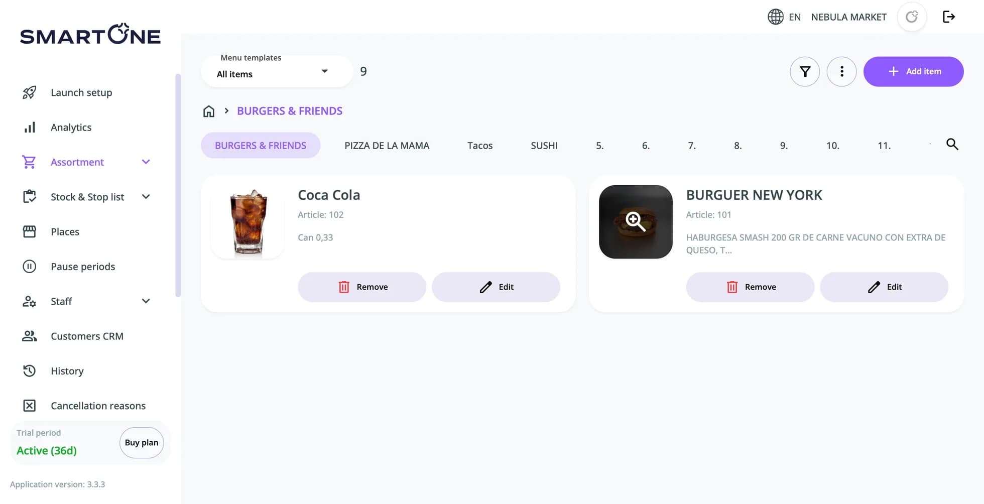 The assortment screen, with menu categories and products