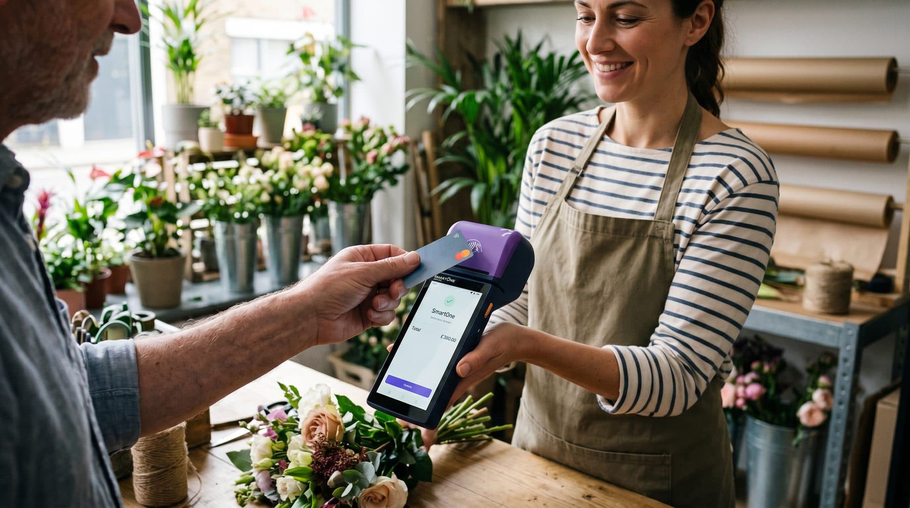SmartOne terminal taking a contactless payment at a flower shop