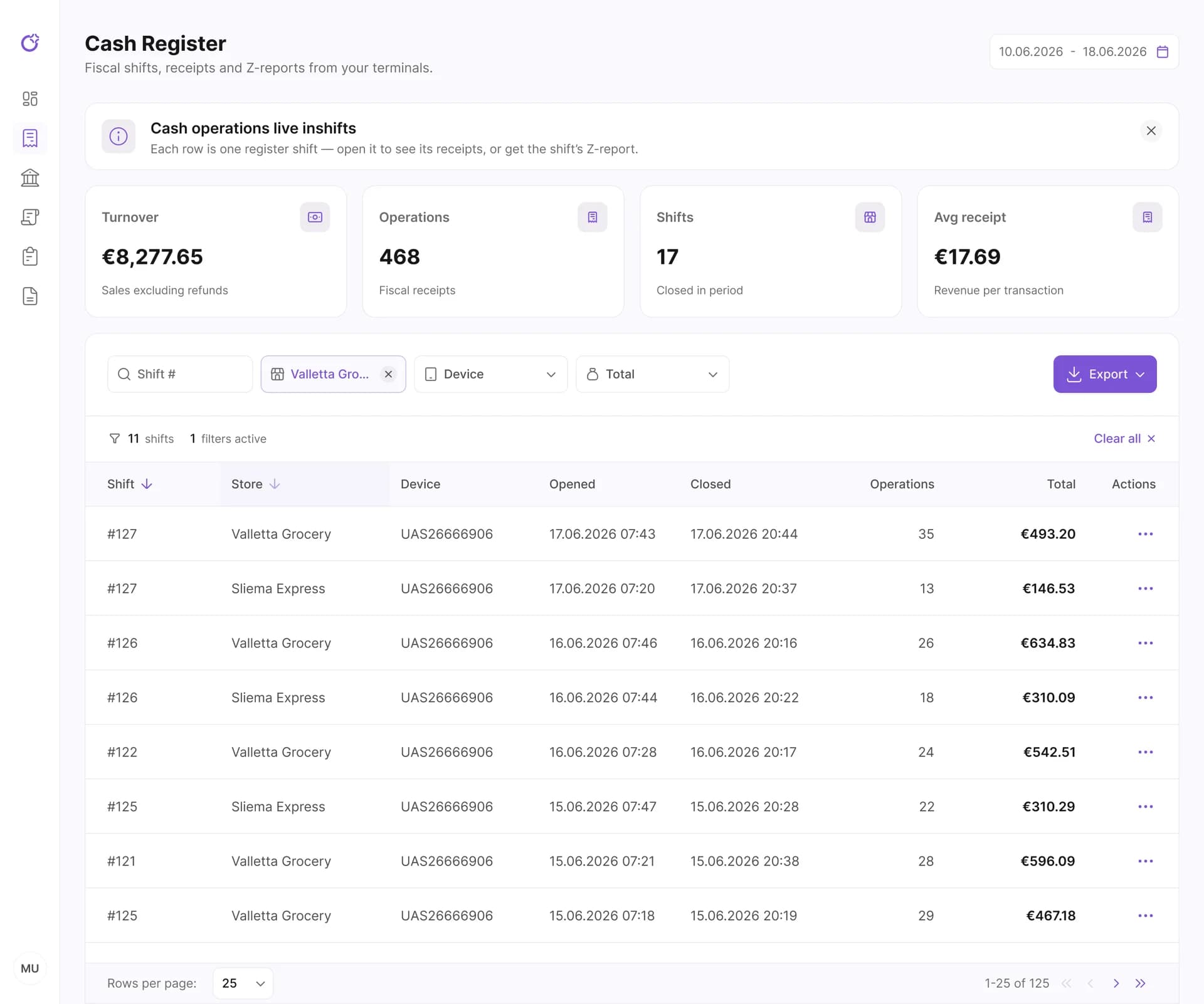 Fiscal shifts by store and terminal in the Merchant Portal
