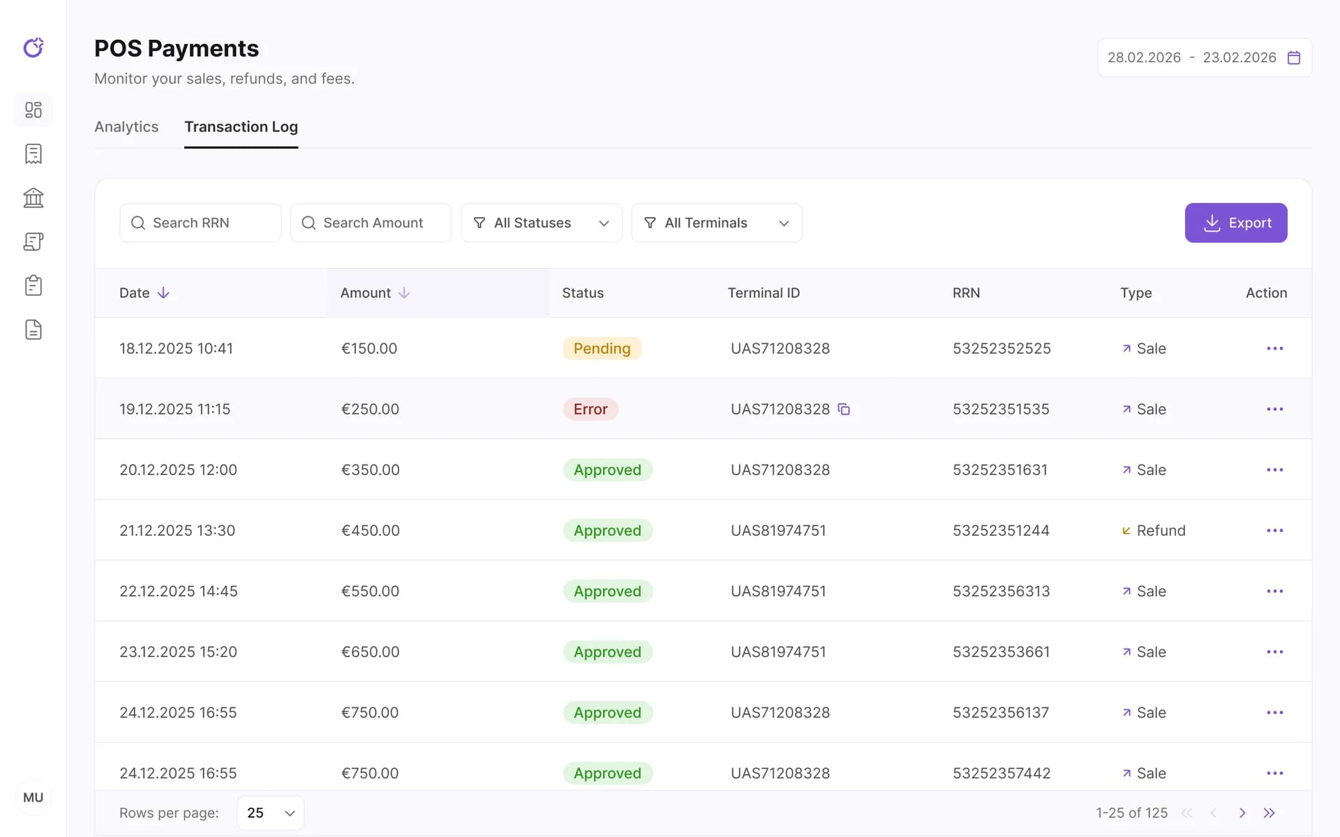 The transaction log in the Merchant Portal, with search, status and terminal filters
